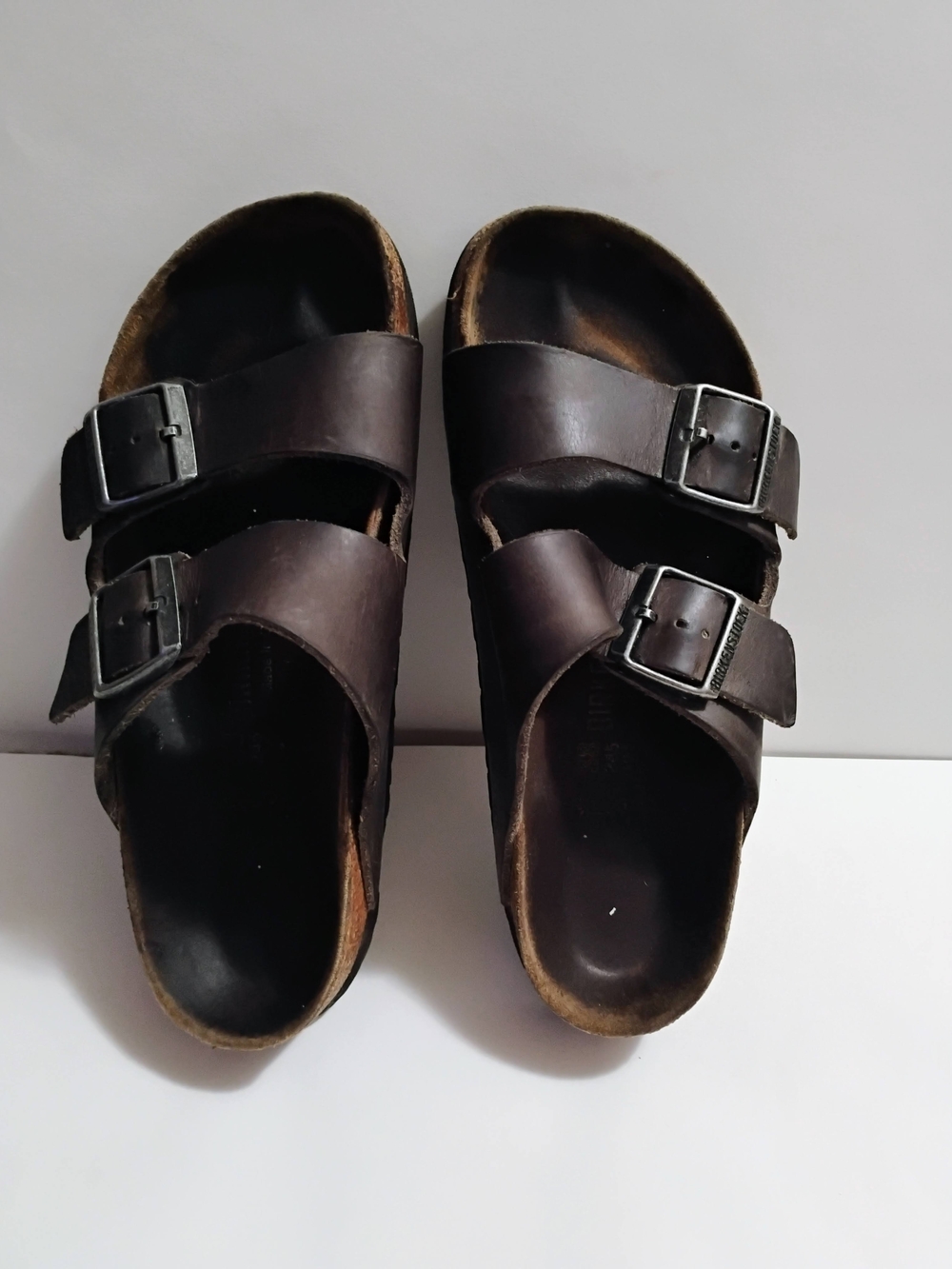Birkenstocks 38/women's 7 Double-Buckle Slide Sandals in Dark Brown Leather